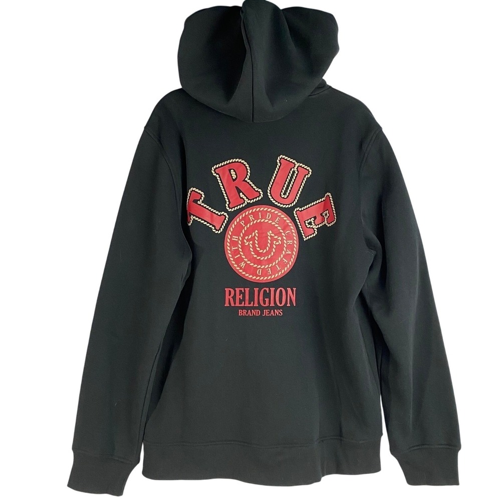 True Religion Y2K Zip Hoodie Sweatshirt Men L Jet Black Skater Streetwear NWT